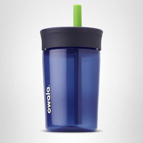 Owala Kids BPA-Free Plastic Tumbler with Spill Resistant Flexible Straw, Easy to Clean, Kids Water Bottle, Great for Travel, Dishwasher Safe, 15 Oz, Navy and Blue (Home Base)