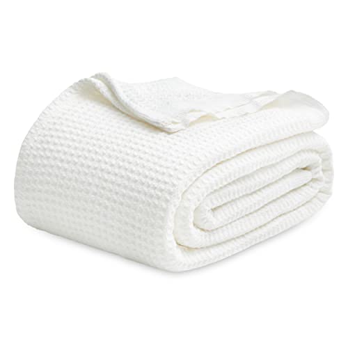 Bedsure 100% Cotton Blanket, Waffle Weave, King Size, White, 104"x90"