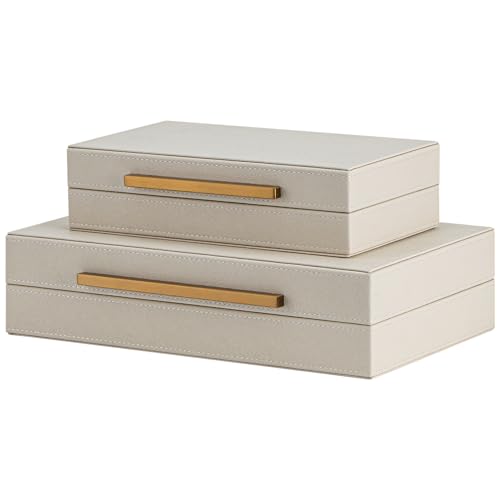 Set of 2 Beige Shagreen Decorative Storage Boxes with Gold Metal
