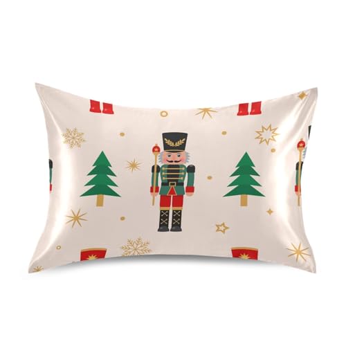 Christmas Tree Nutcracker Pillow Covers Silk Pillowcase for Hair and Skin with Envelope Closure Satin Pillowcase Standard Size Pillow Case for Sleeping Women Girls Boys Room (20x30 Inch)