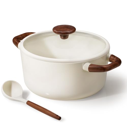 White 5 Quart Nonstick Stock Pot with Lid and Ladle - Even Heating, PFOA Free