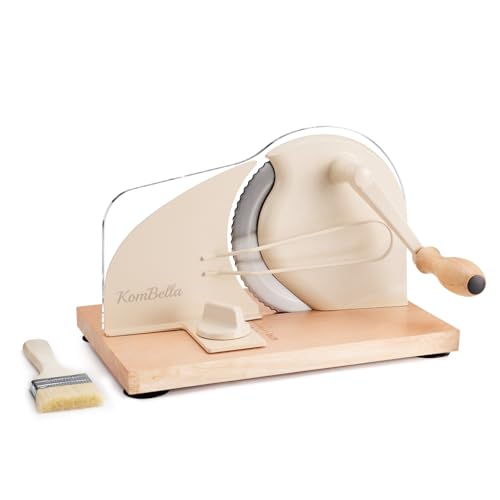 Beige Sourdough Bread Slicer with Adjustable Thickness & Hand Crank, Wooden Base & Safety Guard