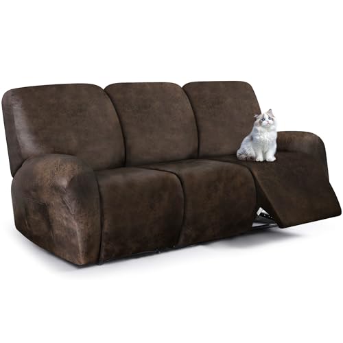 ANARACHON Brown 3-Seater Leather Look Recliner Couch Cover, 8-Piece Stretch Slipcover