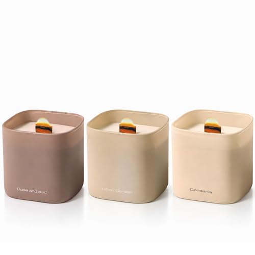 Scented Soy Candle Gift Set with Crackling Wood Wicks - Gardenia, Hilton Garden & Rose Oud - 3 x 9.8oz