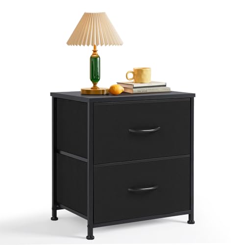 Nightstand with 2 Drawers and Wooden Top - Black Small Bedside End Table