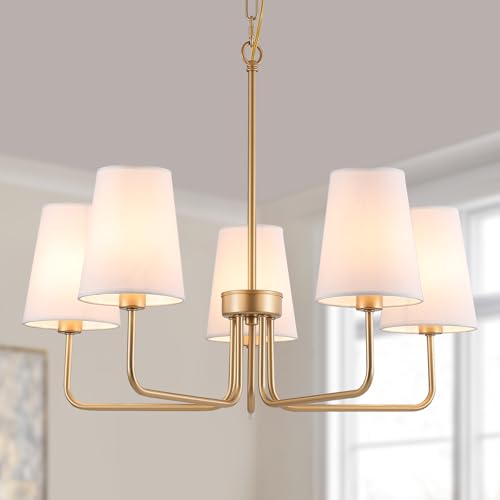Farmhouse Gold Chandelier with 5 White Fabric Shades - Linear Island Lighting Fixture