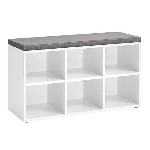 VASAGLE White Shoe Bench with Cushion, 6 Compartments & 3 Adjustable Shelves