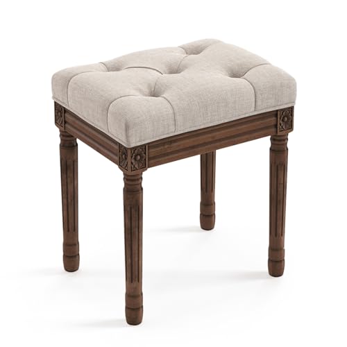 LUE BONA Upholstered Fabric Vanity Bench Seat - Linen & Dark Brown Tufted Ottoman
