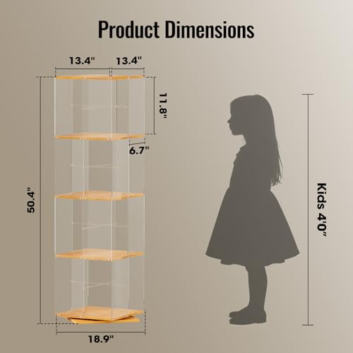Rotating Bookshelf 4-Tier Spinning Bookcase - Natural Square Acrylic & Wood