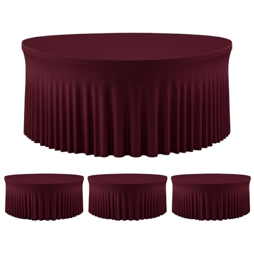 4 Pack Burgundy Round Tablecloth with Skirt, 60 Inch Elastic Fitted