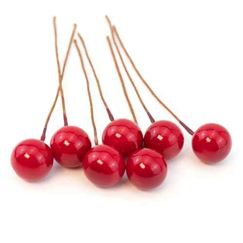 Quacc 100pcs Red Artificial Holly Berries Lovely 0.4" Fake Berries on Wire Realistic for Christmas Tree Garland Flower Wreath Decorations Wreath DIY Craft Use