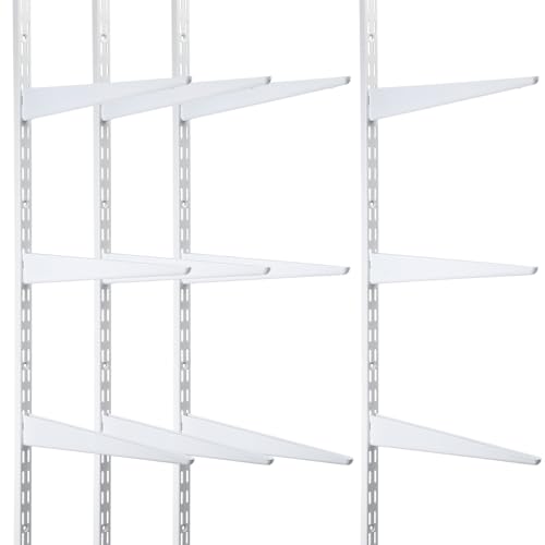 Wall Shelving System with Brackets - 16 Pcs White Track & Upright Rails Set Variation of 16/White