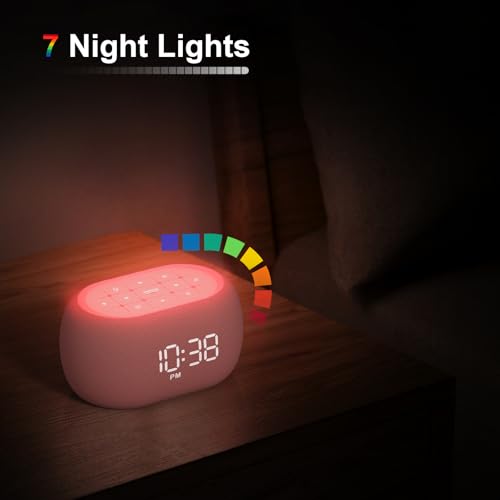 Pink Small White Noise Sound Machine Alarm Clock with Bluetooth & Night Light