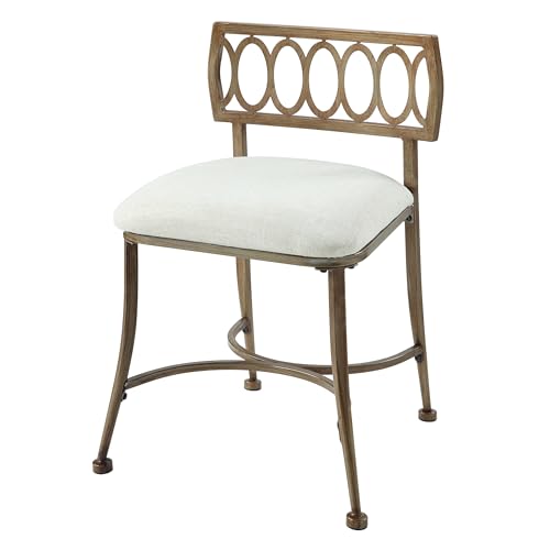 Golden Bronze Vanity Stool with Linen Seat, Low Back, Durable Iron Frame