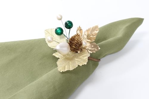 Angel Isabella Christmas Gold & Green Napkin Rings Set of 4 - Cloth Holder Decor