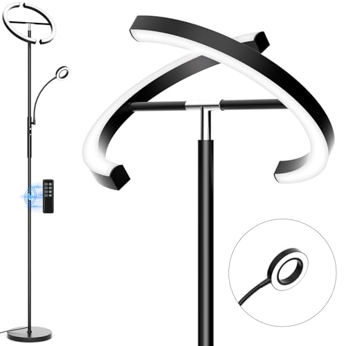 Black LED Floor Lamp with Reading Light - Dimmable Tall Standing Lamp with Remote & Touch Control for Living Room & Bedroom