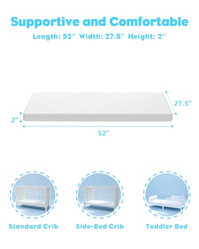 Memory Foam Mattress Topper 2 Inch Gel-Infused Water-Resistant Cover - Pure White, 27.5x52 Inches - Variation 01
