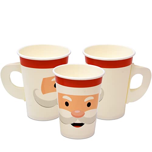 50 Pack Christmas Santa Face Paper Cups 9oz with Handles for Holiday Parties