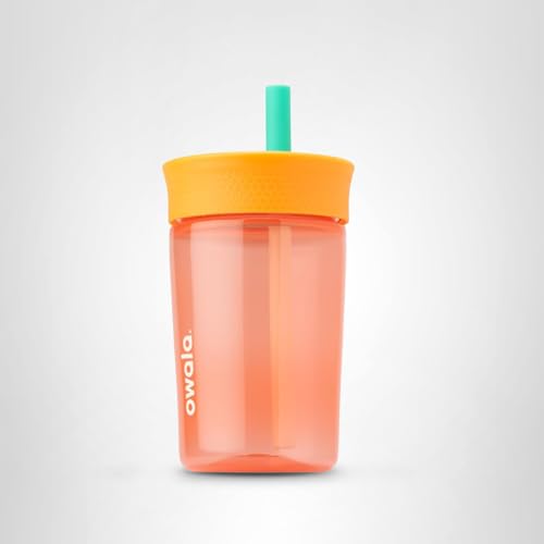 Owala Kids Insulation BPA-Free Plastic Tumbler with Spill Resistant Flexible Straw, Easy to Clean, Kids Water Bottle, Great for Travel, Dishwasher Safe, 15 Oz, Orange and Peach (Watermelon)