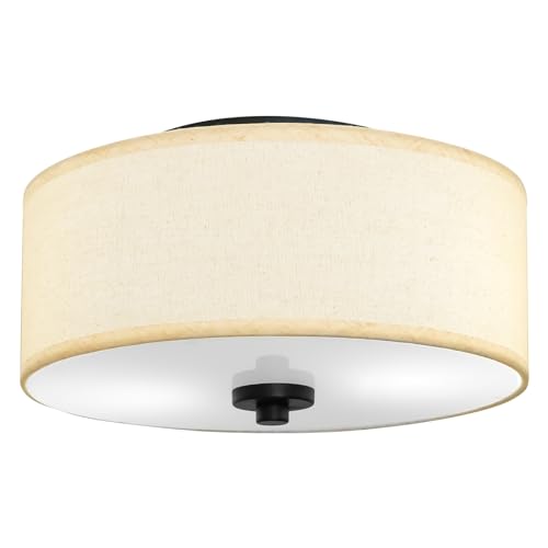 Beige Linen 12-Inch Flush Mount Ceiling Light with 2 E26 Sockets for Small Rooms
