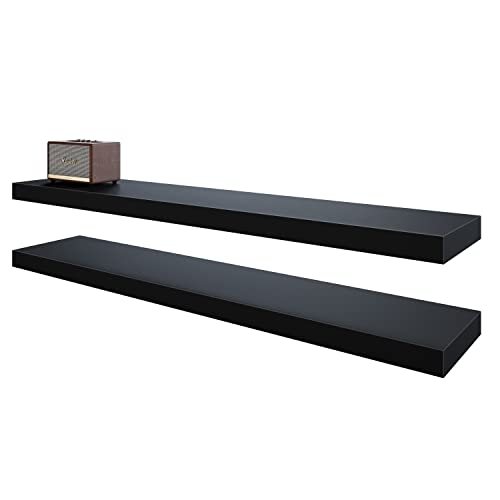 40-Inch Black Floating Wall Shelves Set of 2 - Extra-Wide Display Shelves with Invisible Brackets, Modern MDF Design, Versatile for Home & Office