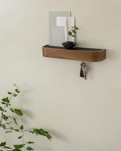 Kazai 'Toke' Walnut Wall Key Holder with Wooden Shelf, 8 Hooks, Entryway Organizer