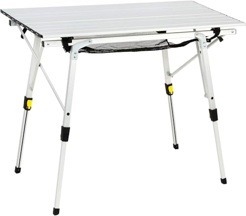Outdoor Folding Picnic Camping Table - Silver, Large 35.4"L x 20.9"W, Adjustable Height, Roll Up Top & Mesh Layer