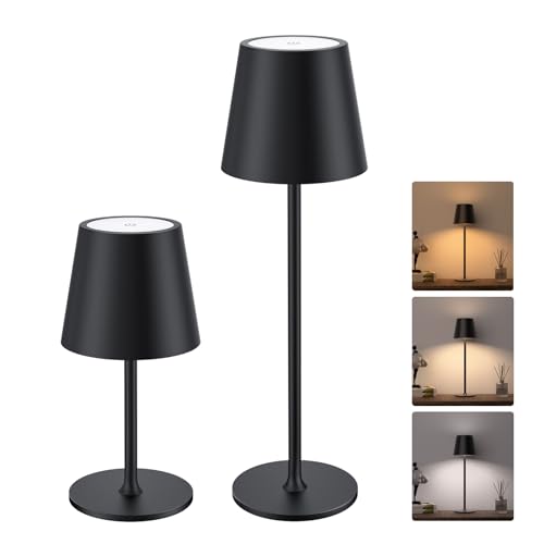 JACKYLED 2 Pack Cordless Rechargeable Table Lamps with 3 Height Settings, 3 Light Colors, Dimmable, Black Base