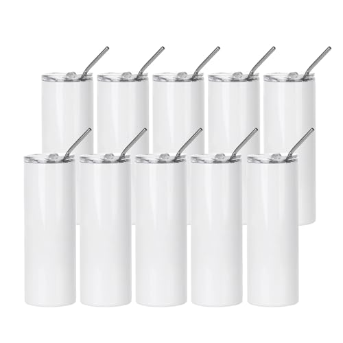 PYD Life 10 Pack 20 OZ Sublimation Skinny Tumblers with Slide Lid & Straw