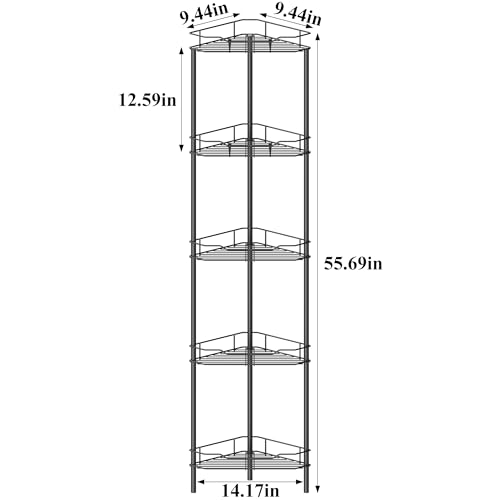 HuggieGems 5-Tier Black Corner Shower Caddy Organizer Stand with Hooks