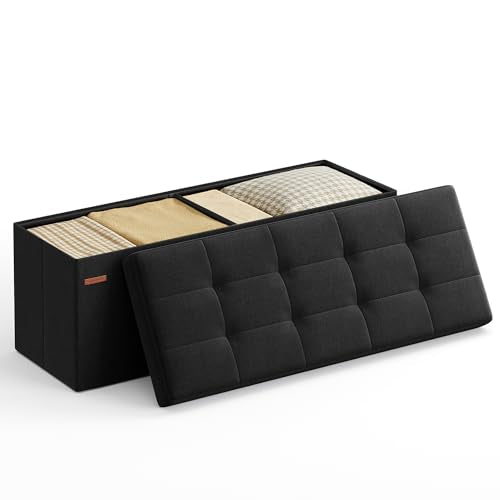 SONGMICS Folding Storage Ottoman Bench 15"D x 43"W x 15"H Ink Black, Supports 660 lb