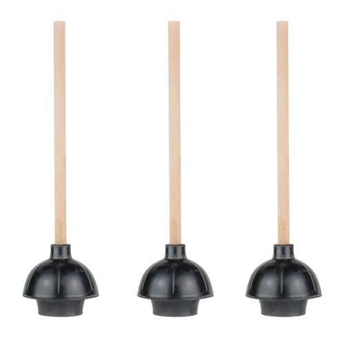 Heavy Duty Rubber Toilet Plunger Set - Black, Double Thrust Force, 3 Pack with 18" Wooden Handle
