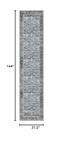 KUTA Vintage Washable Long Runner Rug 2.6x12 ft Blue Grey Beige Non-Slip for Hallways