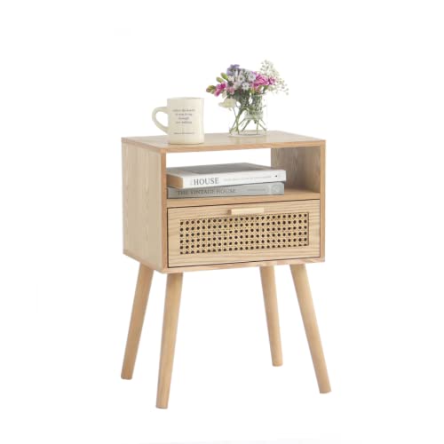 MaxSmeo Modern Nightstand with Rattan Drawer - Natural Walnut Finish - Small Space Bedroom & Living Room Side Table with Storage & Solid Wood Legs - Easy Assembly
