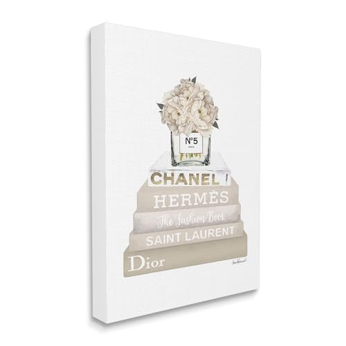 The Stupell Home Décor Collection High Fashion Bookstack with Tan Flowers Stretched Canvas Wall Art, 30 x 40, Multi-Color