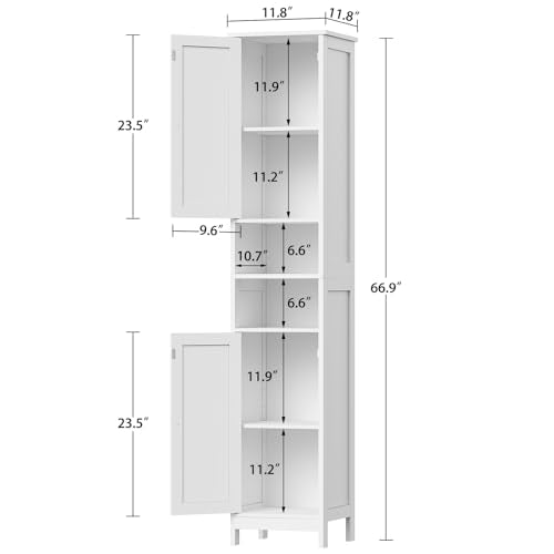 TEENFON 67" Tall Bathroom Cabinet with Adjustable Shelves and Doors,