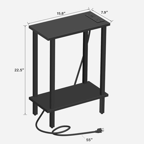 TUTOTAK 2-Tier Black Narrow Side Table Set of 2 with Charging Station