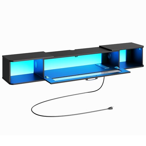 HOOBRO 55.1 Inch Floating TV Stand with LED Light & Power Outlets, Wall-Mounted Media Console for Up to 65" TVs, Black BK34UDDS01G1