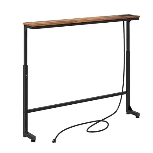 Kitstorack Rustic Brown Narrow Console Table Behind Sofa with Adjustable Height & Power Outlets - 5.9"D x 39.4"L
