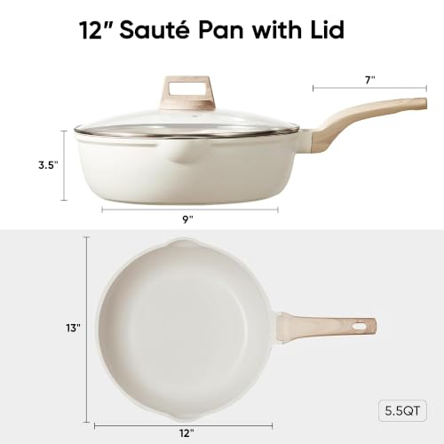 CAROTE 12 Inch Nonstick Deep Frying Pan with Lid, 5.5 Qt White Granite - Cream White