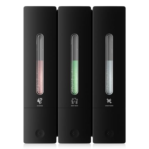 Wall-Mounted Shampoo and Conditioner Dispenser Set - No-Drill 1200ML Capacity - Black 3-Pack