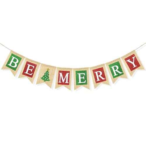 Burlap Be Merry Banner Christmas Decorations for Mantel Fireplace, Christmas Banner for Home Office Wall Decor, Winter Holiday Photo Props Xmas Party Favors
