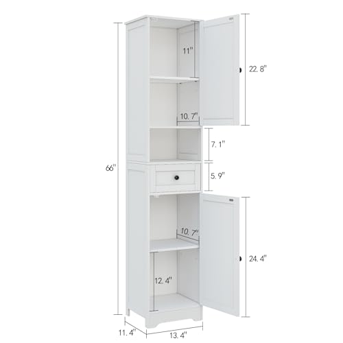 Tall Bathroom Cabinet with 5 Shelves & Drawer - White, Adjustable Storage