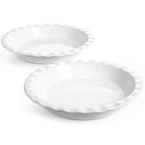 Ceramic Pie Pans Set of 2 - 9 Inch White Baking Dishes, 36 OZ, Fluted Edges