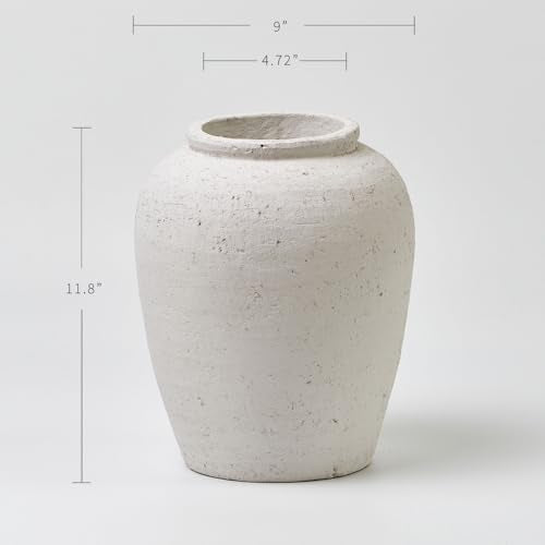 LB2 White Ceramic Large Vase 11.8" Tall Zen Style Terra Cotta Pitcher - Distressed Farmhouse Decor