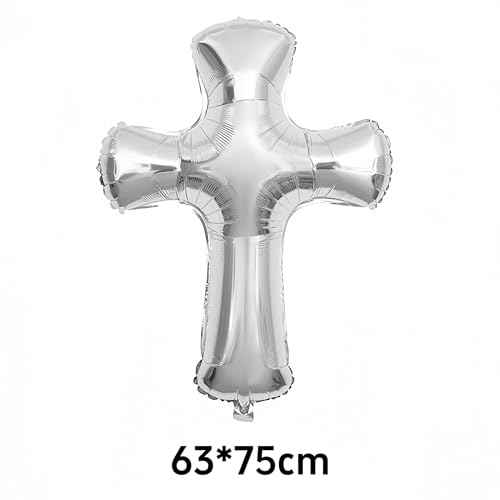 5Pcs Silver Cross Balloon Jumbo Baptism/First Communion Baptism Party Decor For Boys&Girls/Shiny Heart/Birthday Wedding Christmas Communion Christening Religious Balloon