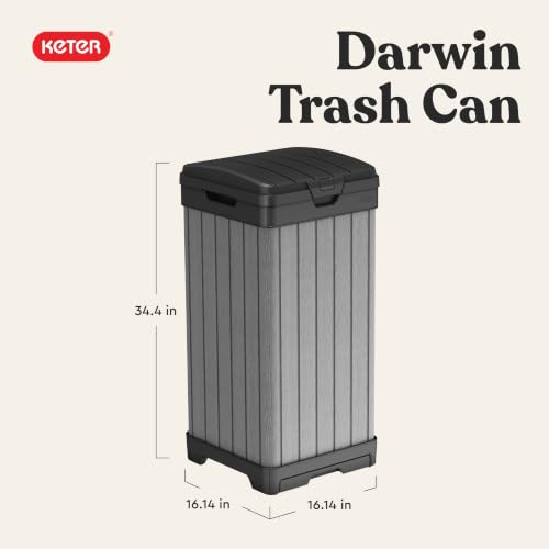 Keter Darwin Outdoor Trash Can 38 Gallon Weather-Resistant Resin Bin with Lid - Wood-Look Design