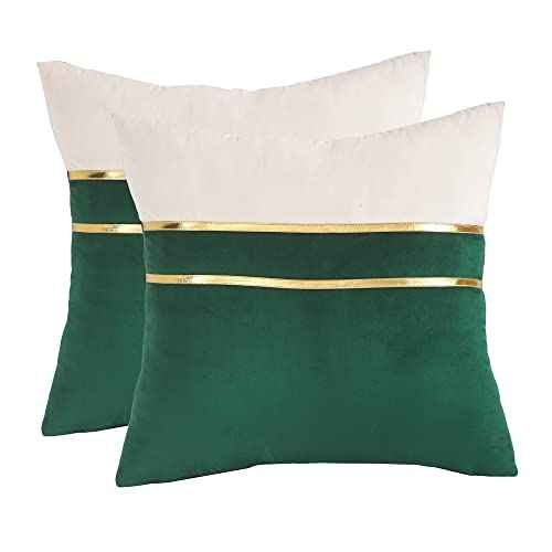 Tosleo Christmas Green Velvet Splicing Throw Pillow Covers 22x22 Inche Pack of 2 with Gold Leather,Soft Decorative Pillow Cover Farmhouse Couch Pillow Case Square Cushion Case