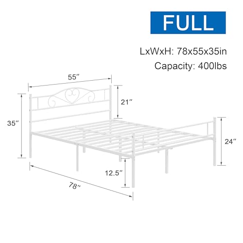 White 14 Inch Full Size Metal Platform Bed Frame with Headboard & Footboard
