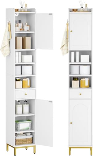 White Tall Bathroom Cabinet with Adjustable Shelves and Drawer - 11 x 11 x 70.9 Inches